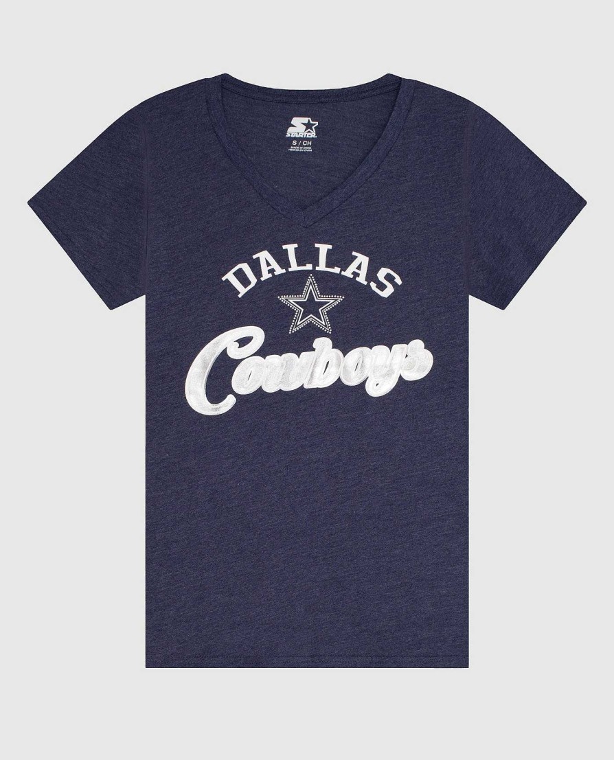 Nfl STARTER | Damen-T-Shirt Mit V-Ausschnitt Der Dallas Cowboys Mit Strasssteinen Cowboysmarine