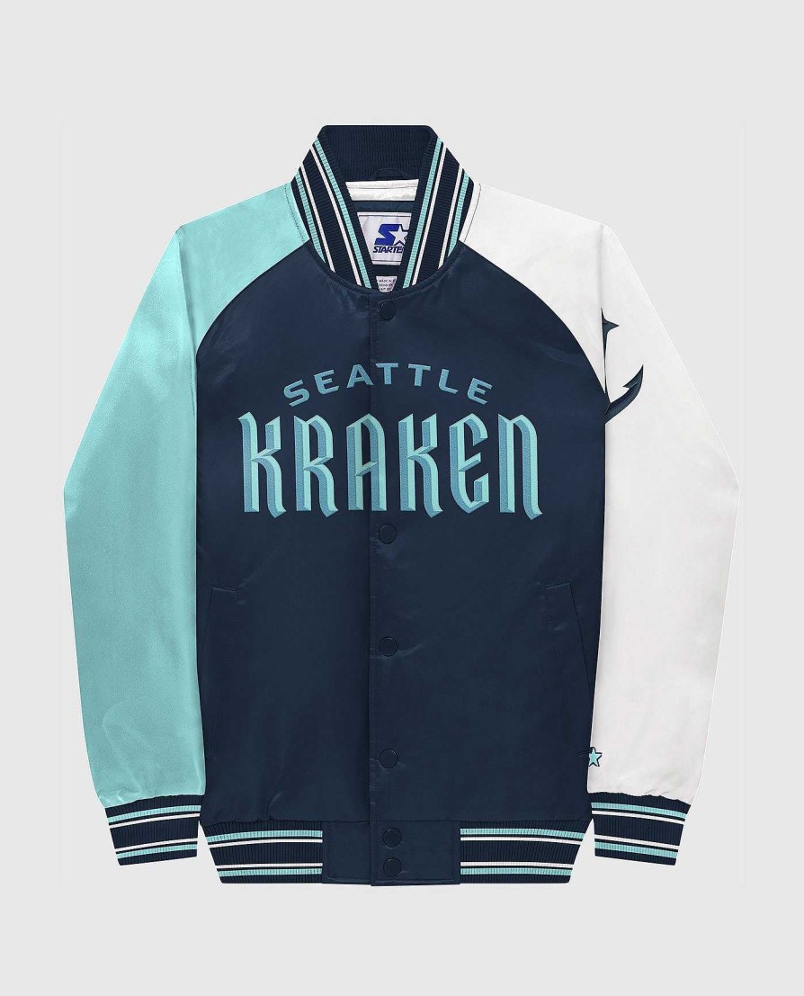 Nhl STARTER | Jugend-Seattle-Kraken-Varsity-Satin-Full-Snap-Jacke Krakennavy