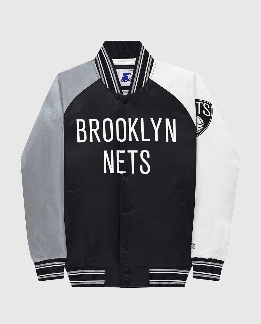 Nba STARTER | Jugend-Brooklyn Nets-Varsity-Satin-Full-Snap-Jacke Schwarz