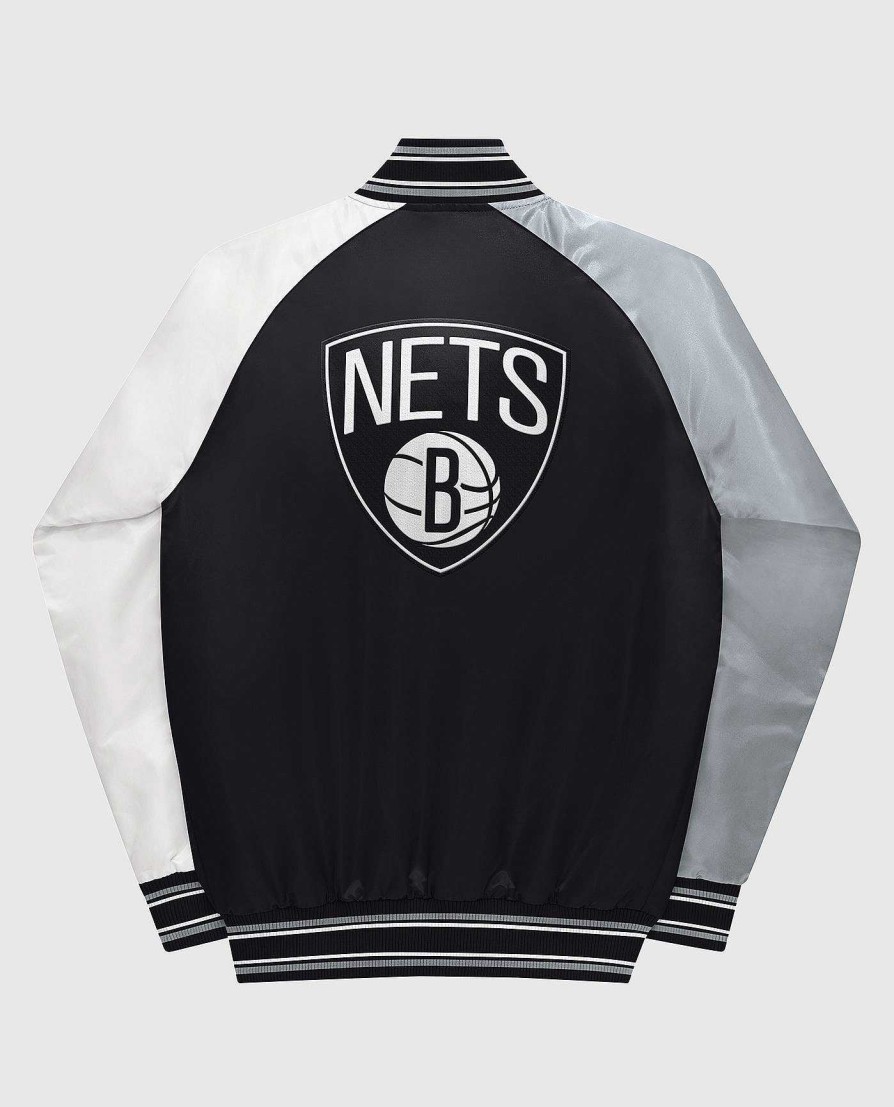 Nba STARTER | Jugend-Brooklyn Nets-Varsity-Satin-Full-Snap-Jacke Schwarz